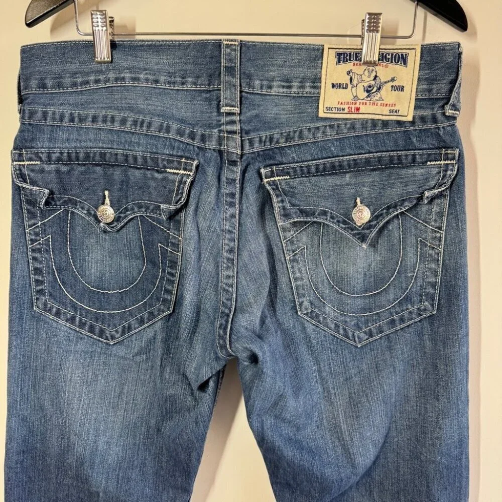 True Religion  Blue Straight Leg Distressed Denim Classic Stitch Jeans Size 34